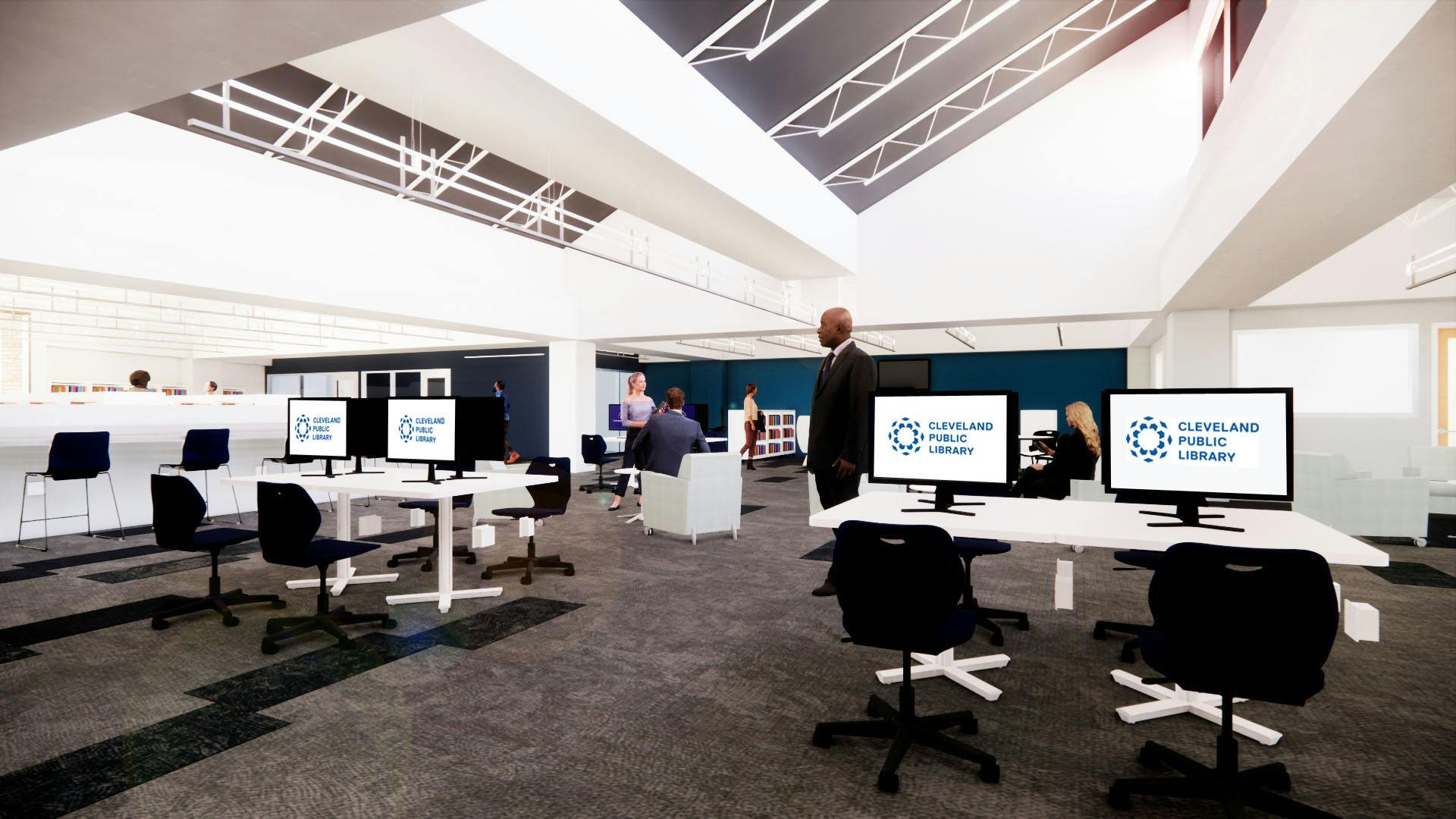 rendering of library interior showing multiple computer stations